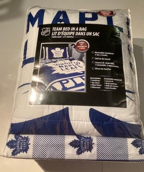 Ensemble de draps et taie d'oreiller de 4 pièces des Maple Leafs de Toronto (Lit d'équipe dans un sac) pour lit simple - Neuf